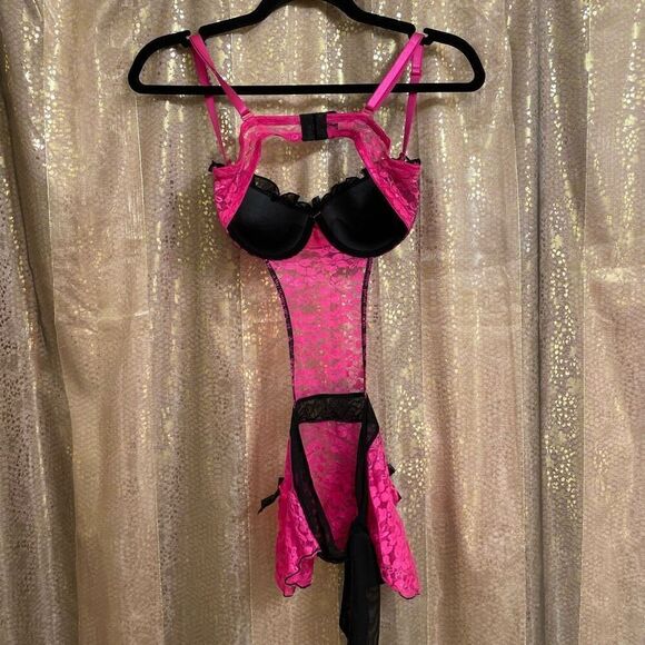 Hot Pink Black Lace Padded Push Up Tie Back Baby Doll Lingerie Med NWOT - Picture 2 of 8